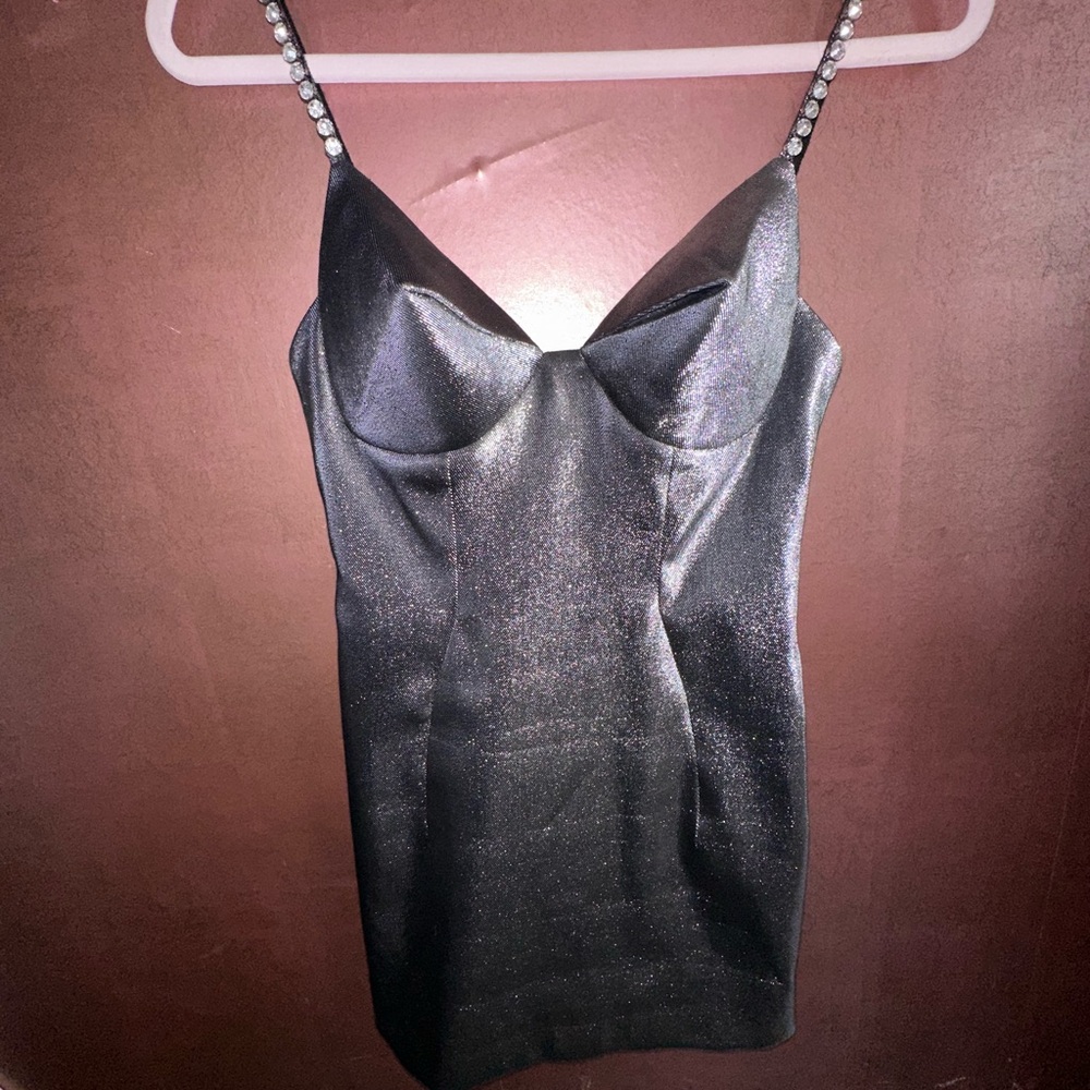 Sparkling Black Mini Dress with Rhinestone Straps